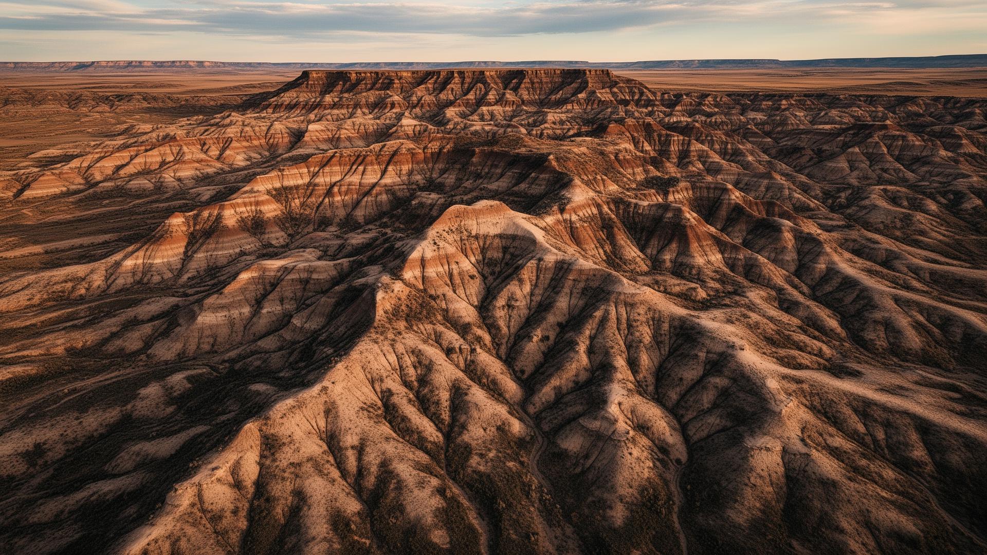 Rugged badlands terrain representing mineral rights land